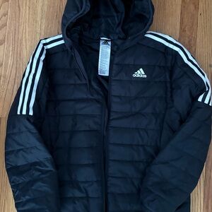 Adidas kids  Black Puffer Jacket with White Stripes size L (14/16)
